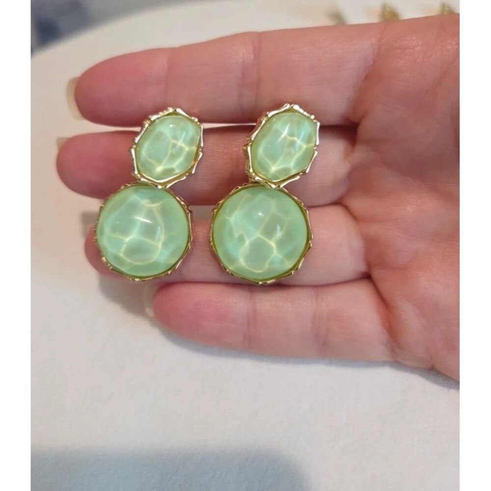 Gold Tone Irregular Mint Stone/Resin Drop Dangle Earrings Bezel